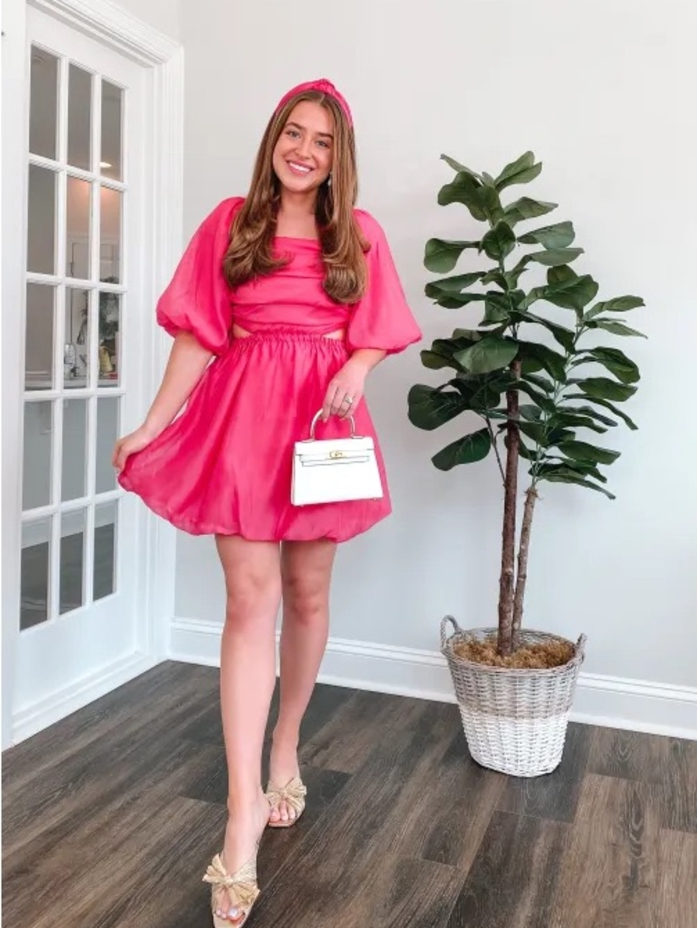 Hot Pink Puff-Sleeve Mini Dress with Gathered Waist